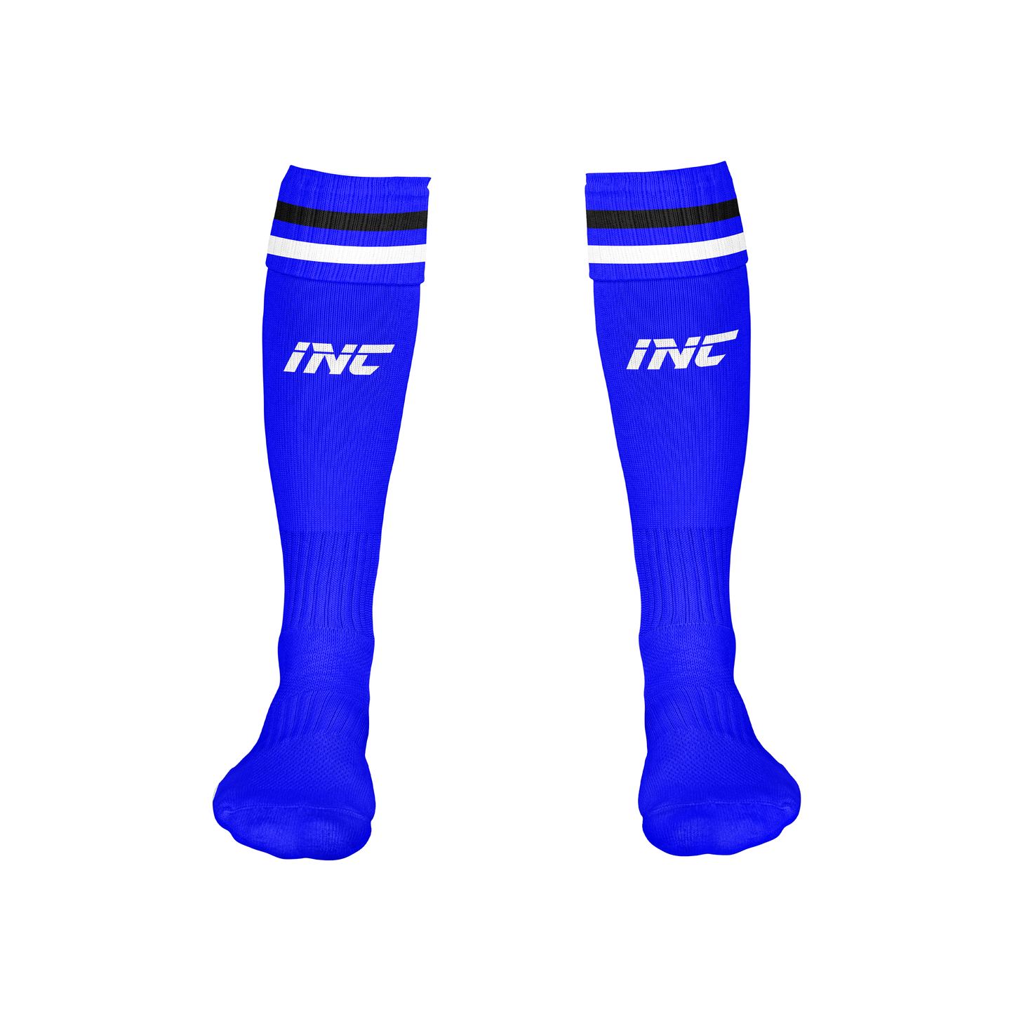 Front view of the Ad Victoriam Black, Blue & White Rugby Socks from INC-KITS, made to order for schools, clubs, and grassroots rugby teams