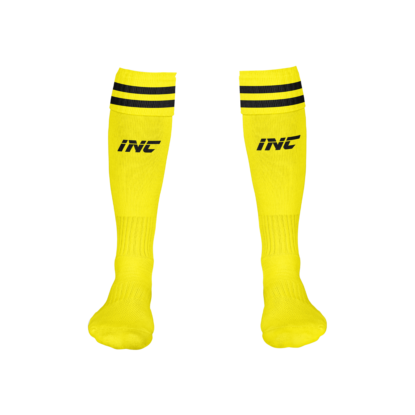 Front view of the Ad Victoriam Black, Yellow & White Rugby Socks from INC-KITS, made to order for schools, clubs, and grassroots rugby teams