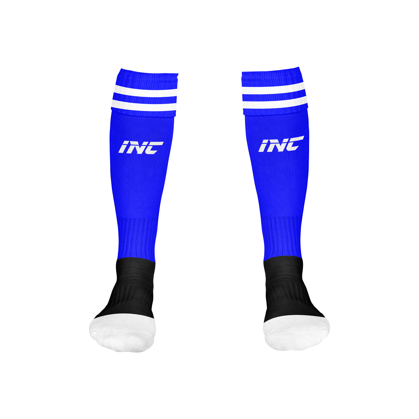 Front view of the Callidus Blue and White Football Socks from INC-KITS, made to order for schools, clubs, and grassroots football teams