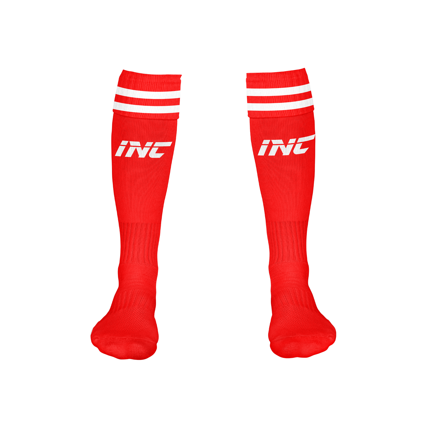 Front view of the Diabolus Lumen Red and White Football Socks from INC-KITS, made to order for schools, clubs, and grassroots football teams