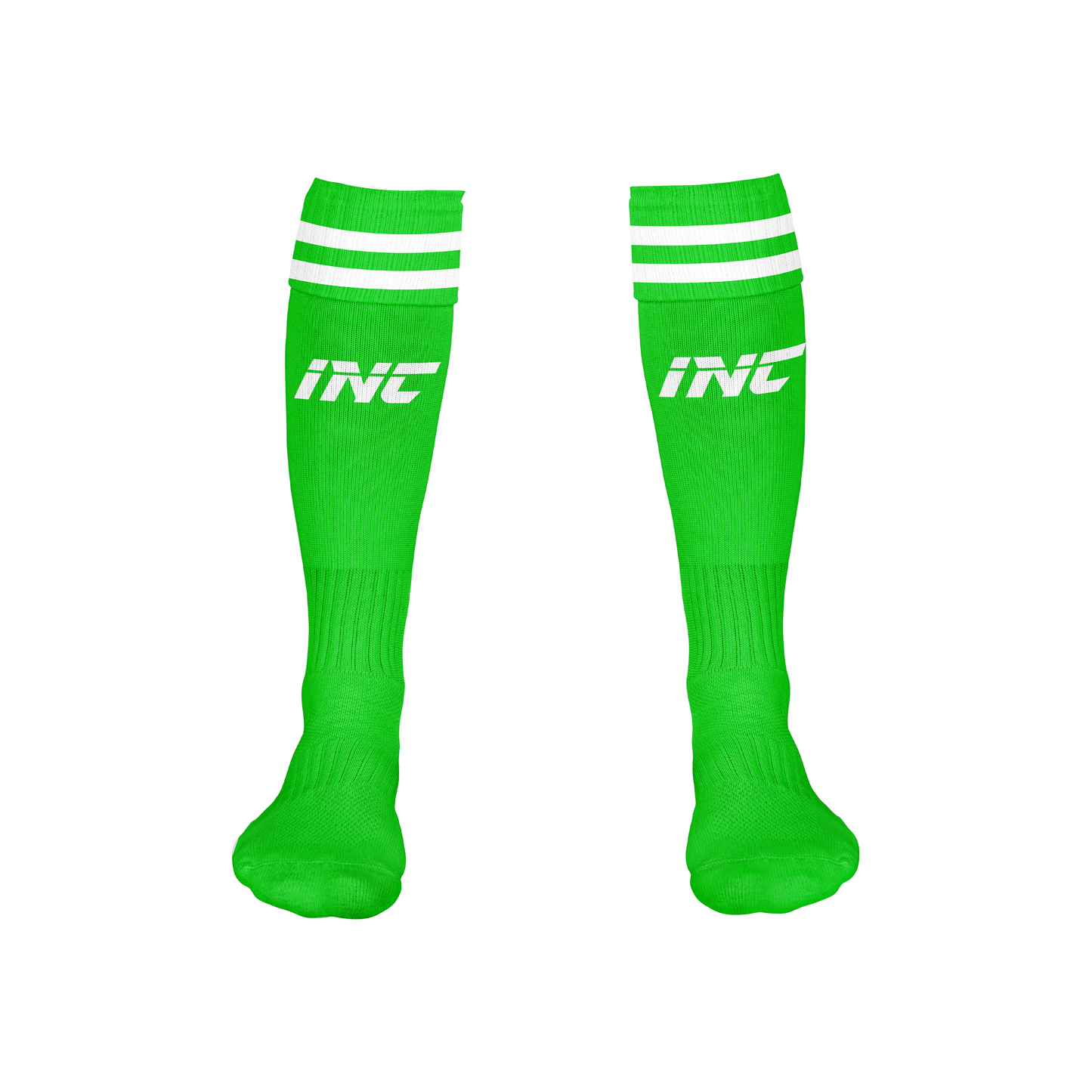 Front view of the Natura Lumen Green and White Football Socks from INC-KITS, made to order for schools, clubs, and grassroots football teams
