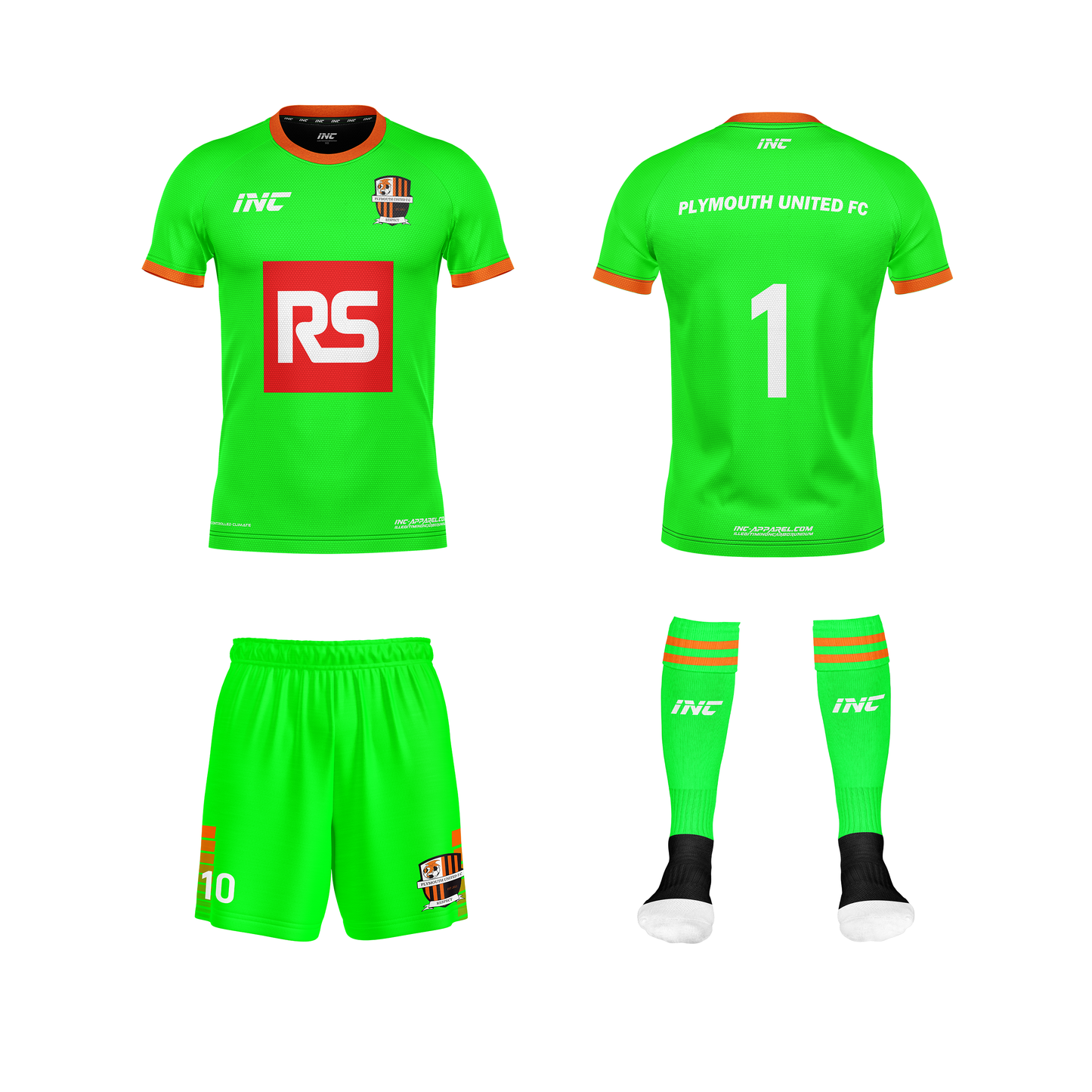 Front and back view of the Plymouth United Football Club Goalkeeper Home Kit including shirt, shorts, and socks from INC-KITS