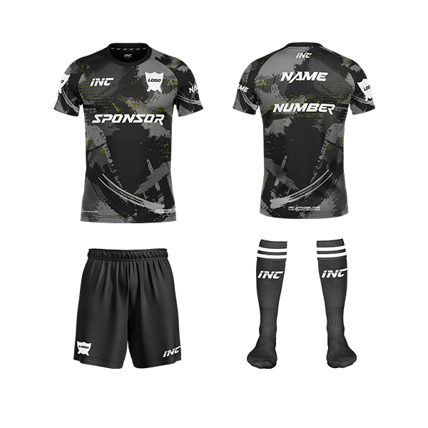 Front and back view of the Rogue Umbra Grey Camo Football Kit including shirt, shorts, and socks from INC-KITS, made to order for schools, clubs, and grassroots football teams
