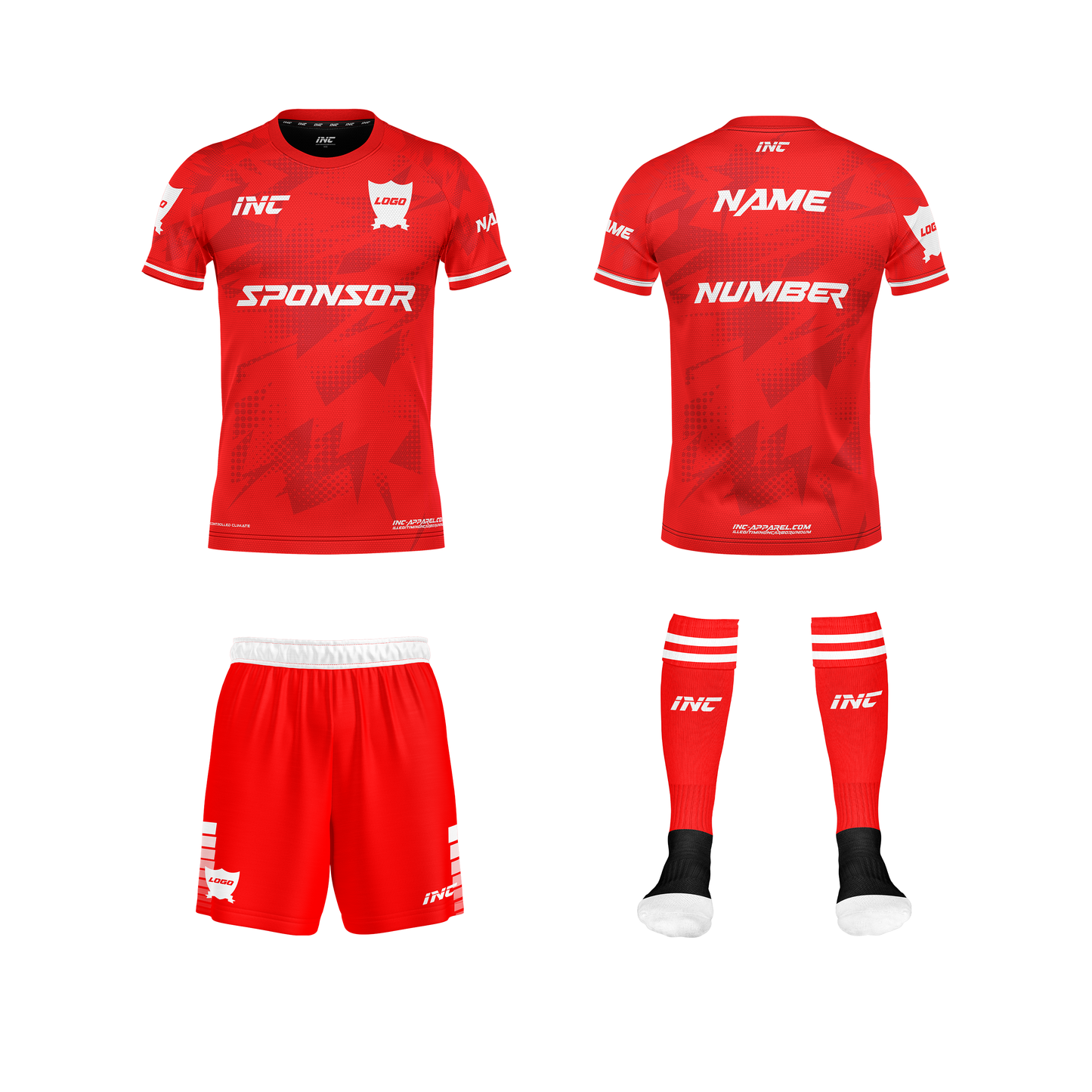 Front and back view of the Callidus Red and White Football Kit including shirt, shorts, and socks from INC-KITS