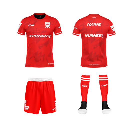 Front and back view of the Callidus Red and White Football Kit including shirt, shorts, and socks from INC-KITS