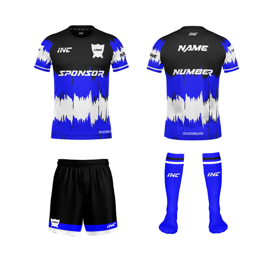 Front and back view of the Ad Victoriam Black, Blue & White Rugby Kit including shirt, shorts, and socks from INC-KITS
