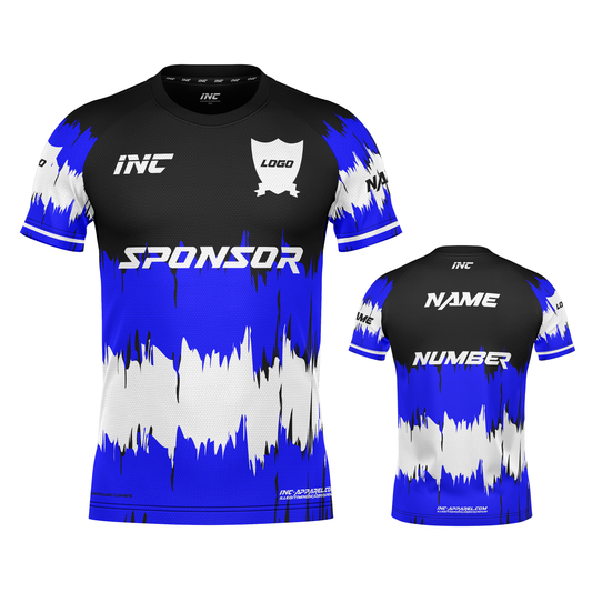 Front and back view of the Ad Victoriam Black, Blue & White Rugby Shirt from INC-KITS, made to order for schools, clubs, and grassroots rugby teams