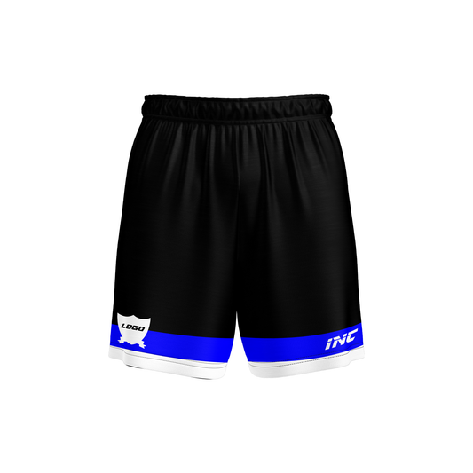 Front and side view of the Ad Victoriam Black, Blue & White Rugby Shorts from INC-KITS, made to order for schools, clubs, and grassroots rugby teams