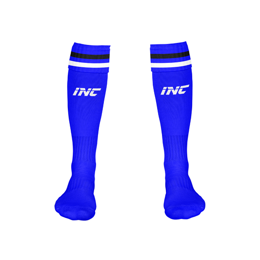 Front view of the Ad Victoriam Black, Blue & White Rugby Socks from INC-KITS, made to order for schools, clubs, and grassroots rugby teams