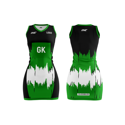 Ad Victoriam Black and Green Netball Kit – breathable, stylish netball teamwear from INC-KITS