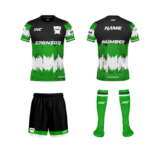 Front and back view of the Ad Victoriam Black, Green & White Rugby Kit including shirt, shorts, and socks from INC-KITS