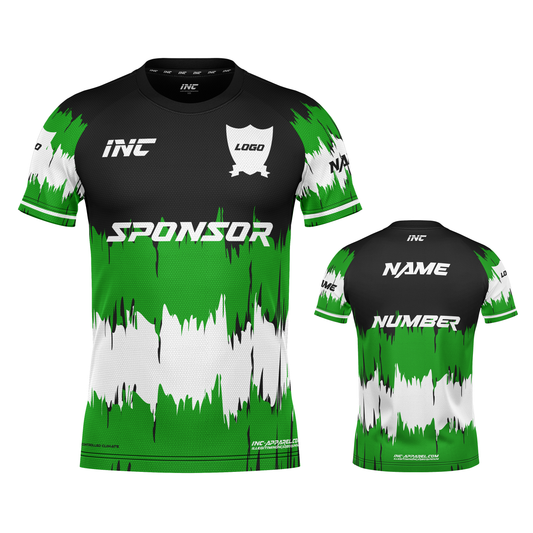 Front and back view of the Ad Victoriam Black, Green & White Rugby Shirt from INC-KITS, made to order for schools, clubs, and grassroots rugby teams