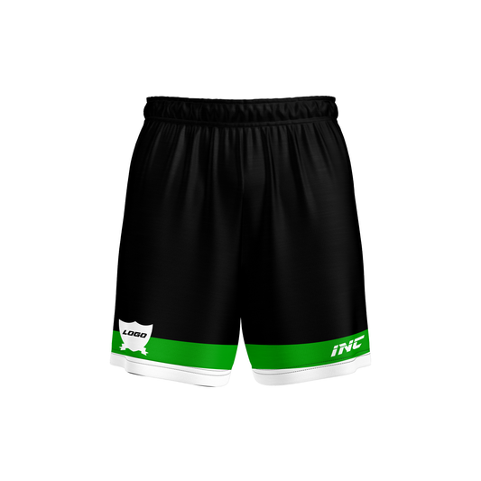Front and side view of the Ad Victoriam Black, Green & White Rugby Shorts from INC-KITS, made to order for schools, clubs, and grassroots rugby teams