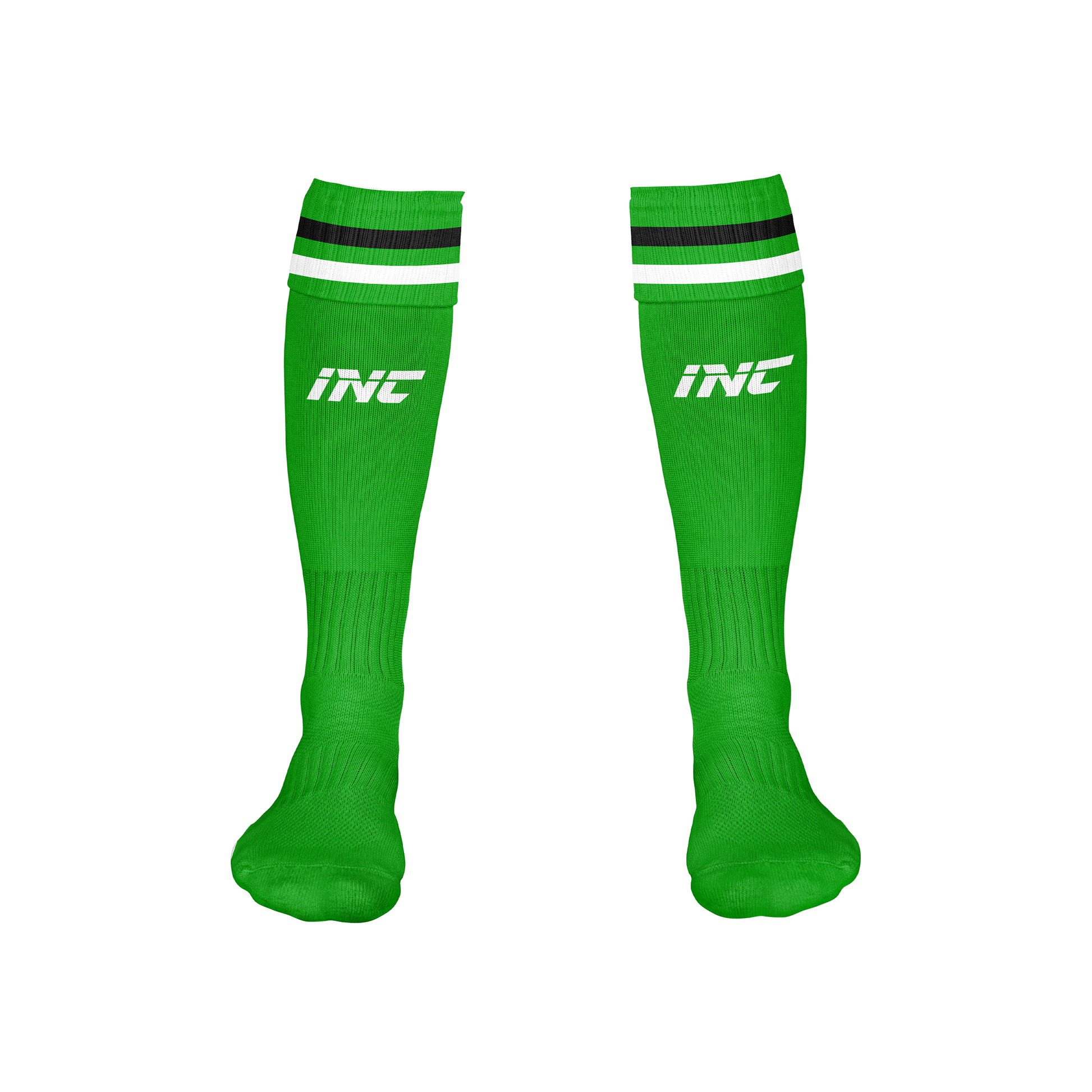 Front view of the Ad Victoriam Black, Green & White Rugby Socks from INC-KITS, made to order for schools, clubs, and grassroots rugby teams