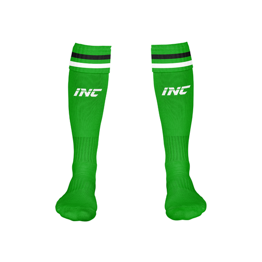 Front view of the Ad Victoriam Black, Green & White Rugby Socks from INC-KITS, made to order for schools, clubs, and grassroots rugby teams