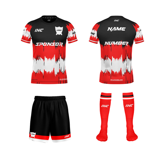 Front and back view of the Ad Victoriam Black, Red & White Rugby Kit including shirt, shorts, and socks from INC-KITS