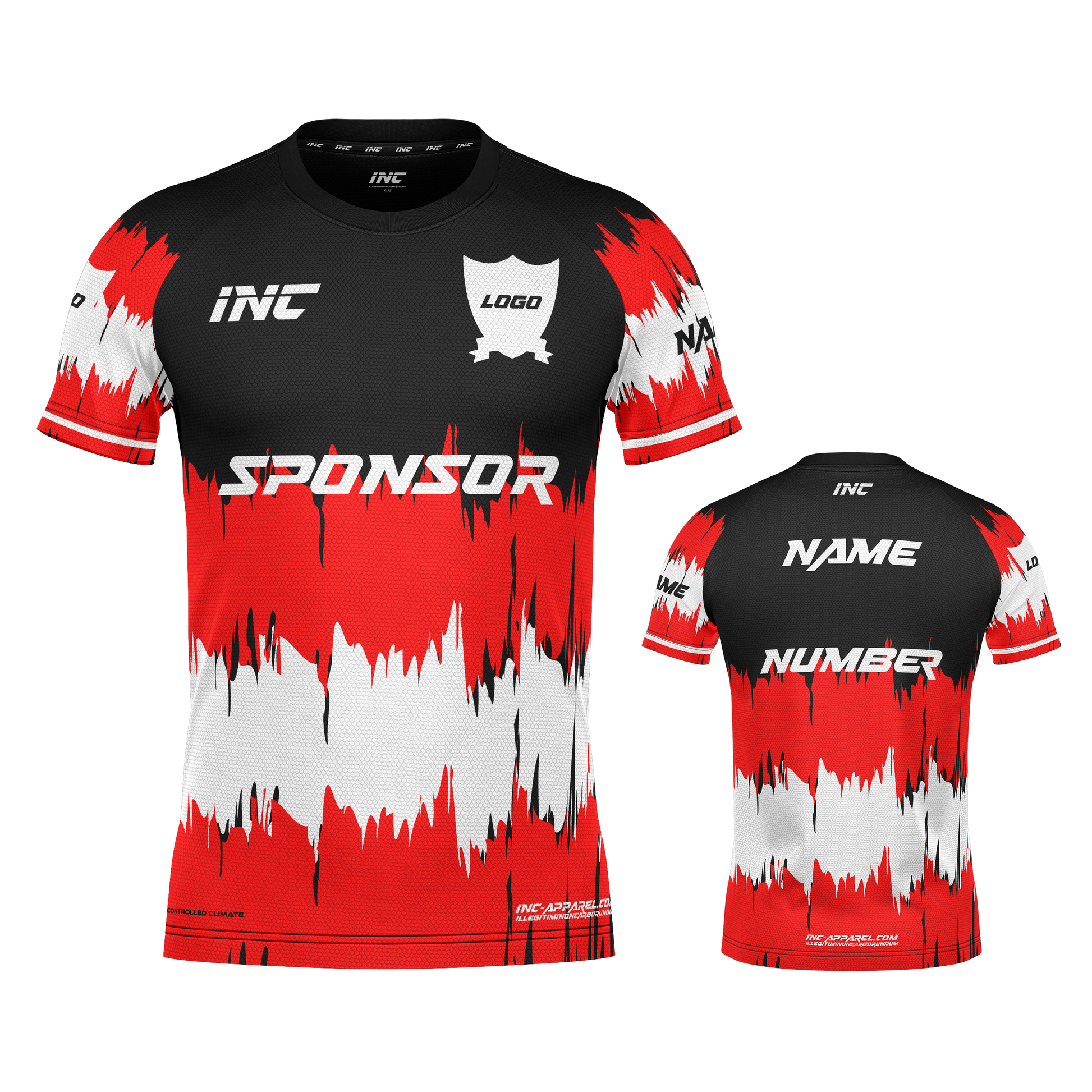 Front and back view of the Ad Victoriam Black, Red & White Rugby Shirt from INC-KITS, made to order for schools, clubs, and grassroots rugby teams