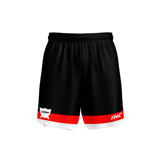 Front and side view of the Ad Victoriam Black, Red & White Rugby Shorts from INC-KITS, made to order for schools, clubs, and grassroots rugby teams