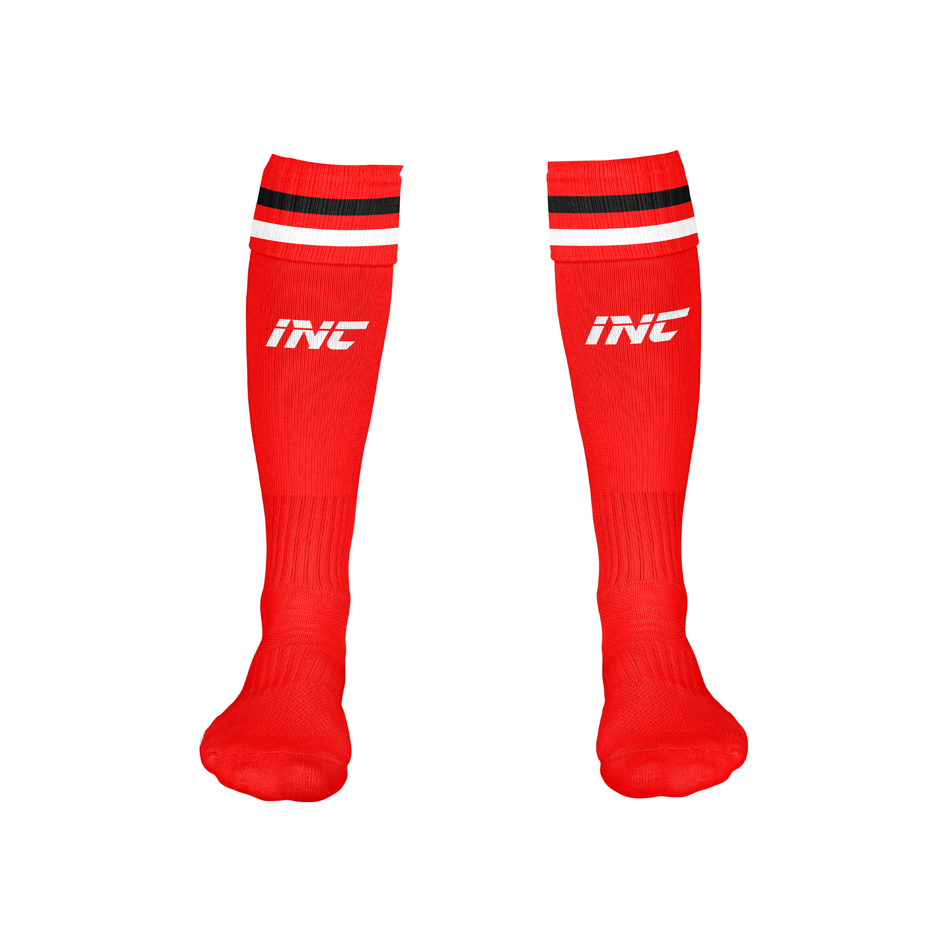 Front view of the Ad Victoriam Black, Red & White Rugby Socks from INC-KITS, made to order for schools, clubs, and grassroots rugby teams