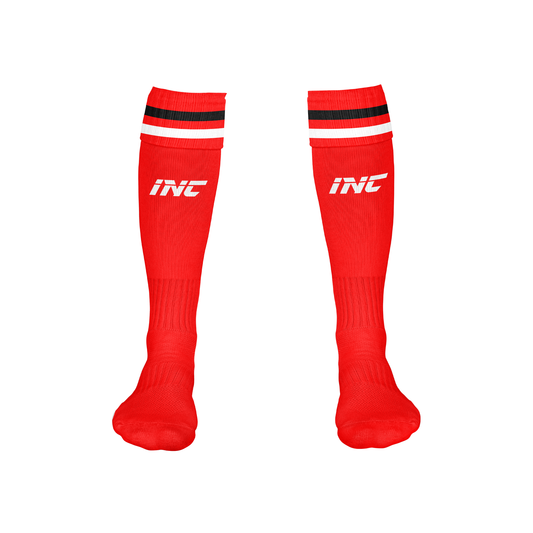 Front view of the Ad Victoriam Black, Red & White Rugby Socks from INC-KITS, made to order for schools, clubs, and grassroots rugby teams