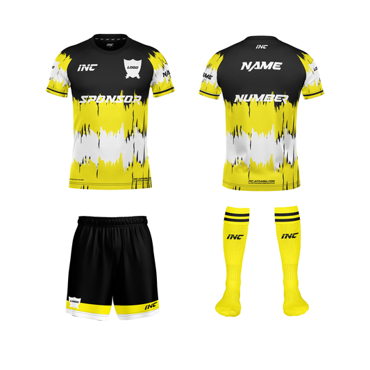Front and back view of the Ad Victoriam Black, Yellow & White Rugby Kit including shirt, shorts, and socks from INC-KITS