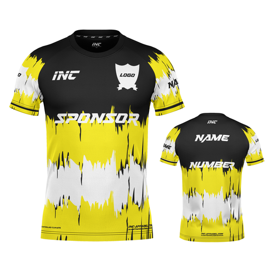 Front and back view of the Ad Victoriam Black, Yellow & White Rugby Shirt from INC-KITS, made to order for schools, clubs, and grassroots rugby teams