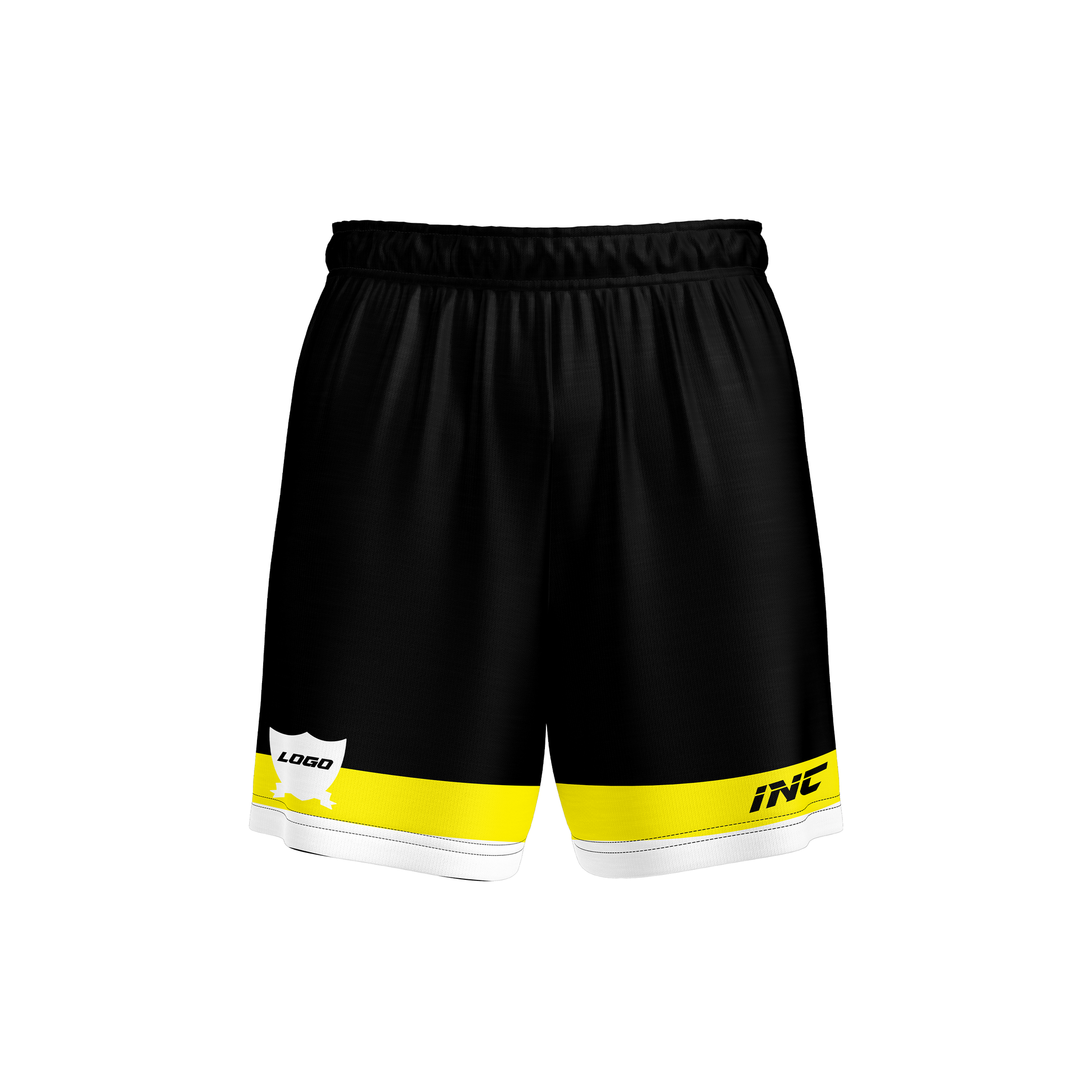 Front and side view of the Ad Victoriam Black, Yellow & White Rugby Shorts from INC-KITS, made to order for schools, clubs, and grassroots rugby teams