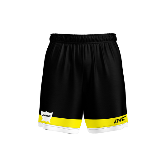 Front and side view of the Ad Victoriam Black, Yellow & White Rugby Shorts from INC-KITS, made to order for schools, clubs, and grassroots rugby teams