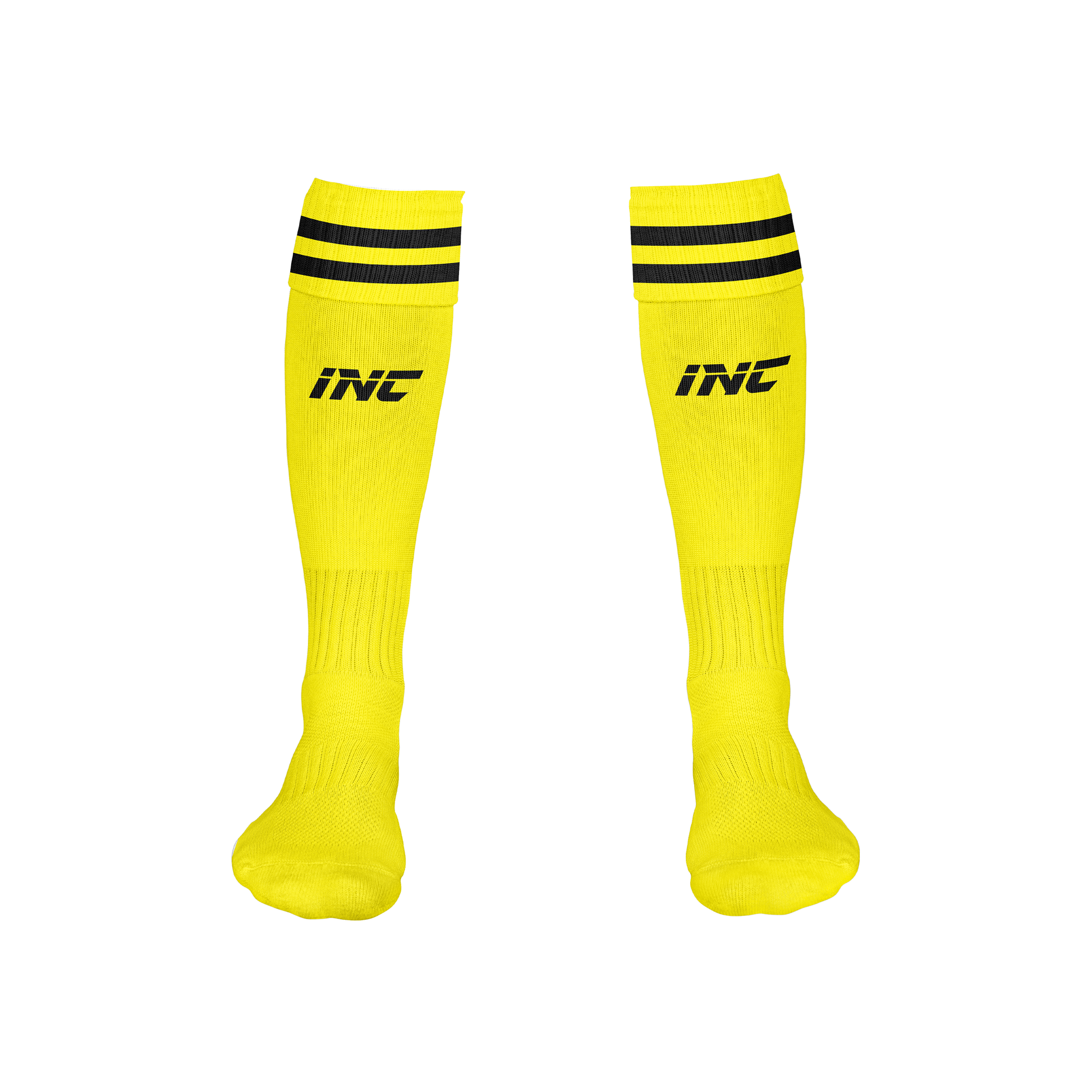 Front view of the Ad Victoriam Black, Yellow & White Rugby Socks from INC-KITS, made to order for schools, clubs, and grassroots rugby teams