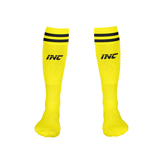 Front view of the Ad Victoriam Black, Yellow & White Rugby Socks from INC-KITS, made to order for schools, clubs, and grassroots rugby teams