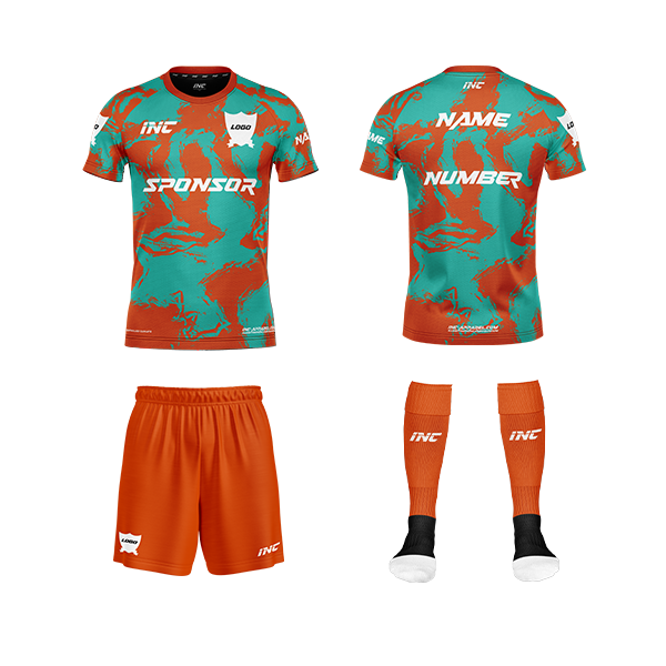 Ars Occulta Orange and Teal Football Kit – custom football shirt and shorts from INC-KITS