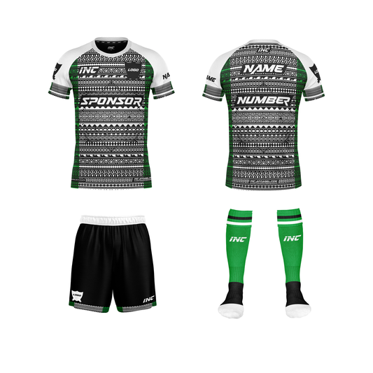 Front and back view of the Bula Green and White Rugby Kit including shirt, shorts, and socks from INC-KITS