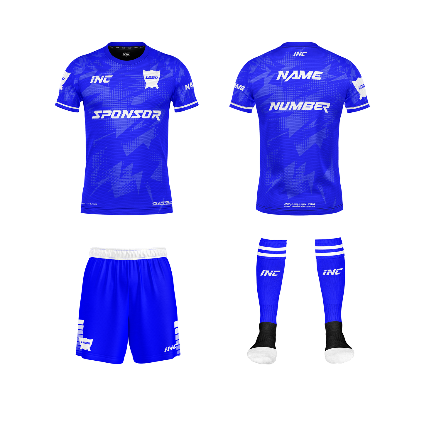 Front and back view of the Callidus Blue and White Football Kit including shirt, shorts, and socks from INC-KITS