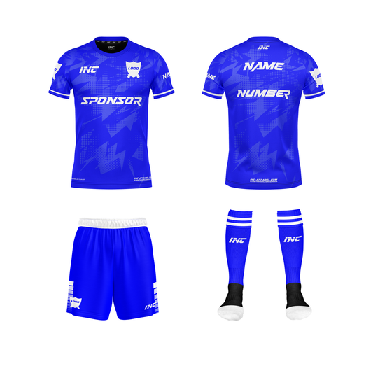 Front and back view of the Callidus Blue and White Football Kit including shirt, shorts, and socks from INC-KITS