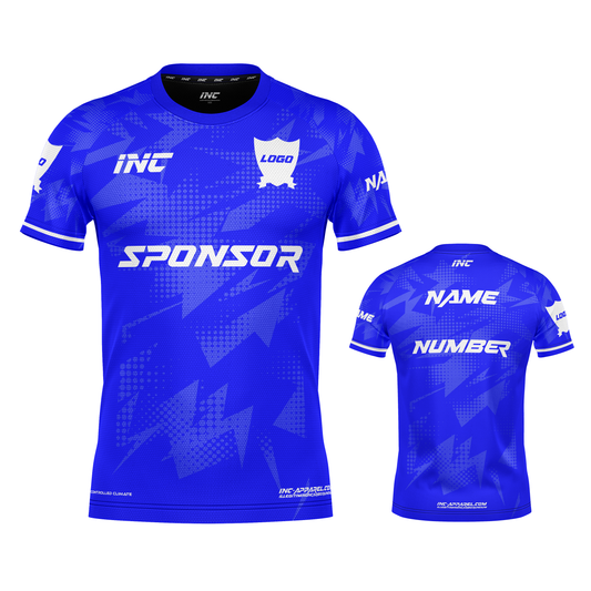 Front and back view of the Callidus Blue and White Football Shirt from INC-KITS, made to order for schools, clubs, and grassroots football teams