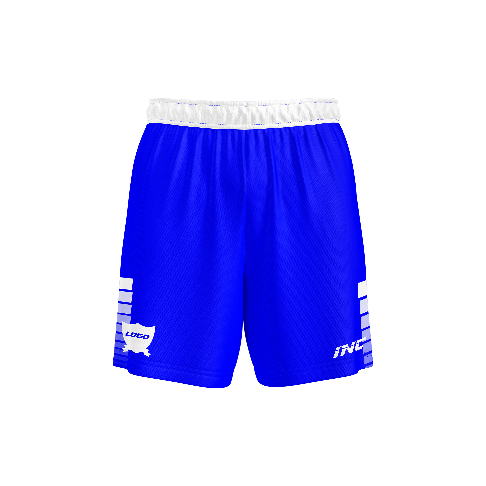 Front and side view of the Callidus Blue and White Football Shorts from INC-KITS, made to order for schools, clubs, and grassroots football teams