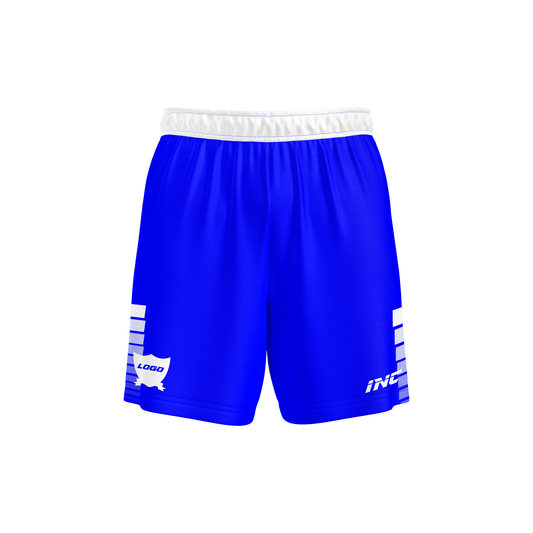 Front and side view of the Callidus Blue and White Football Shorts from INC-KITS, made to order for schools, clubs, and grassroots football teams