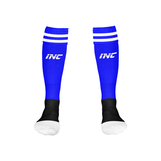 Front view of the Callidus Blue and White Football Socks from INC-KITS, made to order for schools, clubs, and grassroots football teams