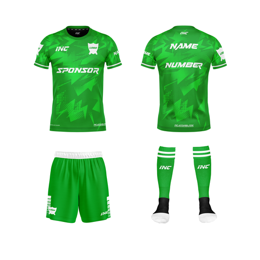 Front and back view of the Callidus Green and White Football Kit including shirt, shorts, and socks from INC-KITS