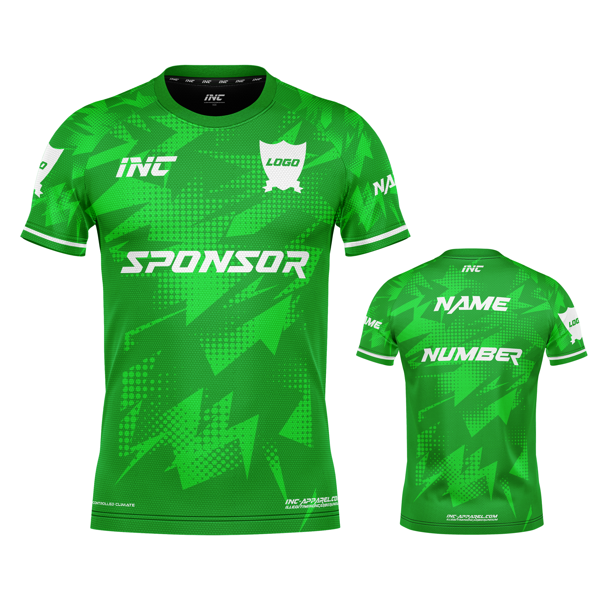 Front and back view of the Callidus Green and White Football Shirt from INC-KITS, made to order for schools, clubs, and grassroots football teams