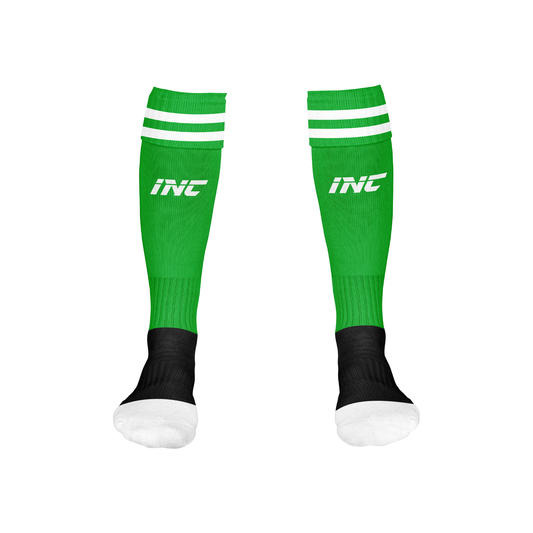 Front view of the Callidus Green and White Football Socks from INC-KITS, made to order for schools, clubs, and grassroots football teams