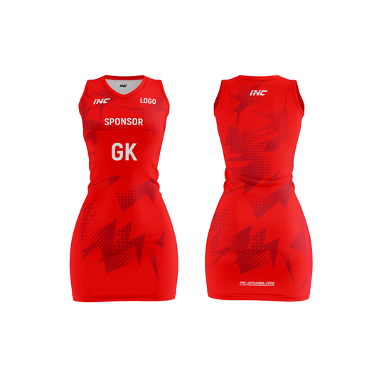 Callidus red netball kit designed for performance, comfort, and team style from INC Kits