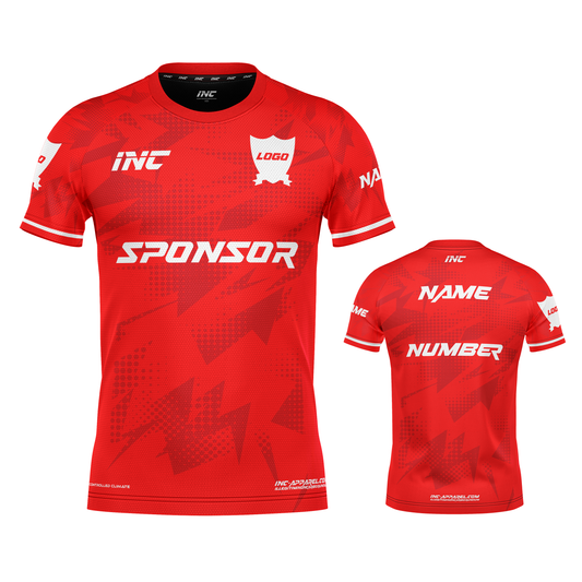 Front and back view of the Callidus Red and White Football Shirt from INC-KITS, made to order for schools, clubs, and grassroots football teams