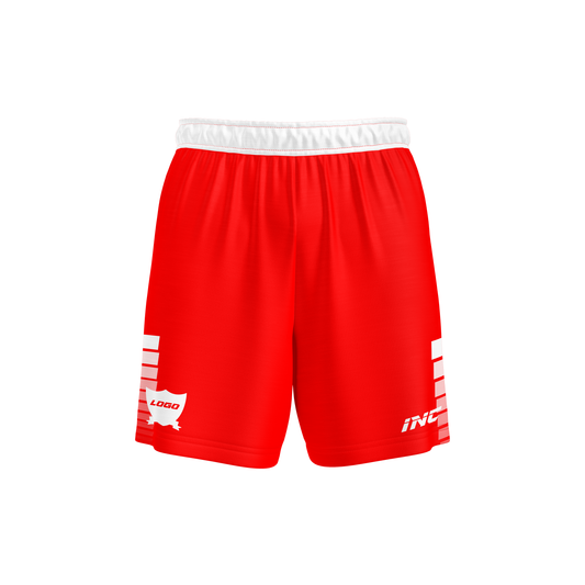 Front view of the Callidus Red and White Football Shorts from INC-KITS, made to order for schools, clubs, and grassroots football teams