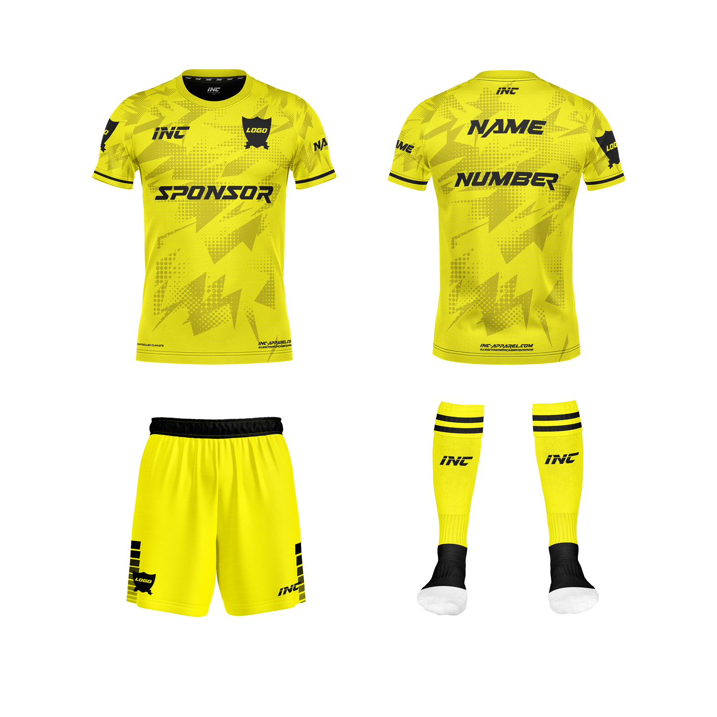 Front and back view of the Callidus Yellow and Black Football Kit including shirt, shorts, and socks from INC-KITS