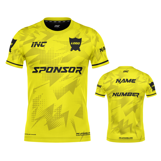 Front and back view of the Callidus Yellow and Black Football Shirt from INC-KITS, made to order for schools, clubs, and grassroots football teams
