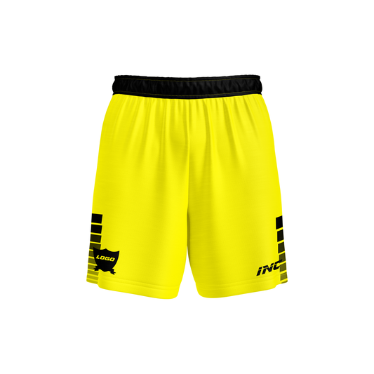 Front and side view of the Callidus  Yellow and Black Football Shorts from INC-KITS, made to order for schools, clubs, and grassroots football teams