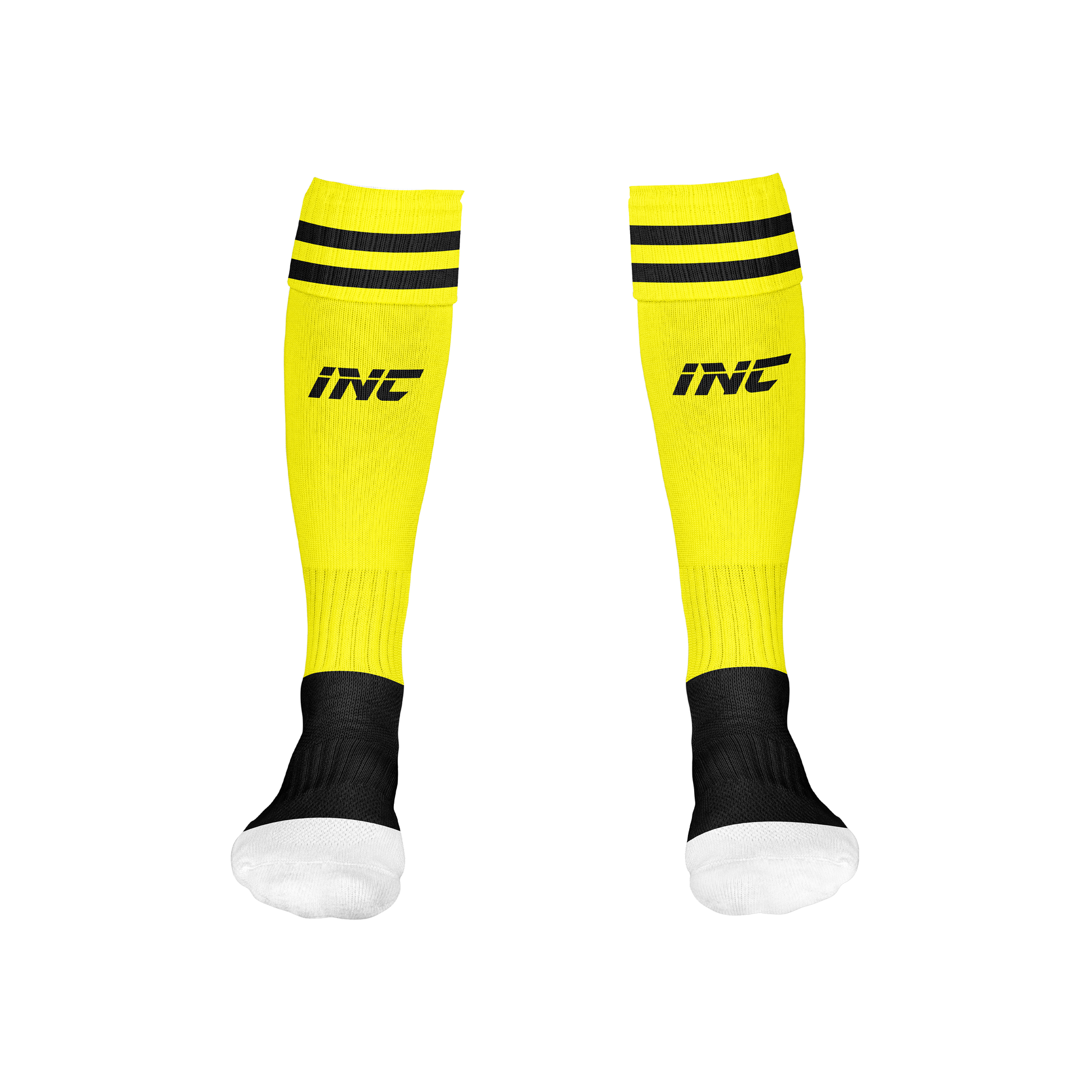 Front view of the Callidus Yellow and Black Football Socks from INC-KITS, made to order for schools, clubs, and grassroots football teams