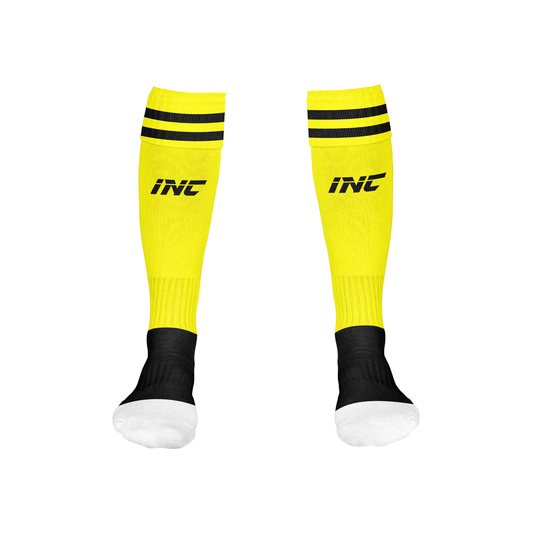 Front view of the Callidus Yellow and Black Football Socks from INC-KITS, made to order for schools, clubs, and grassroots football teams