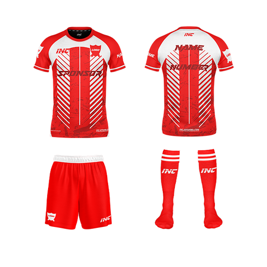 Front and back view of the Diabolus Lumen Red and White Football Kit including shirt, shorts, and socks from INC-KITS, made to order for schools, clubs, and grassroots teams